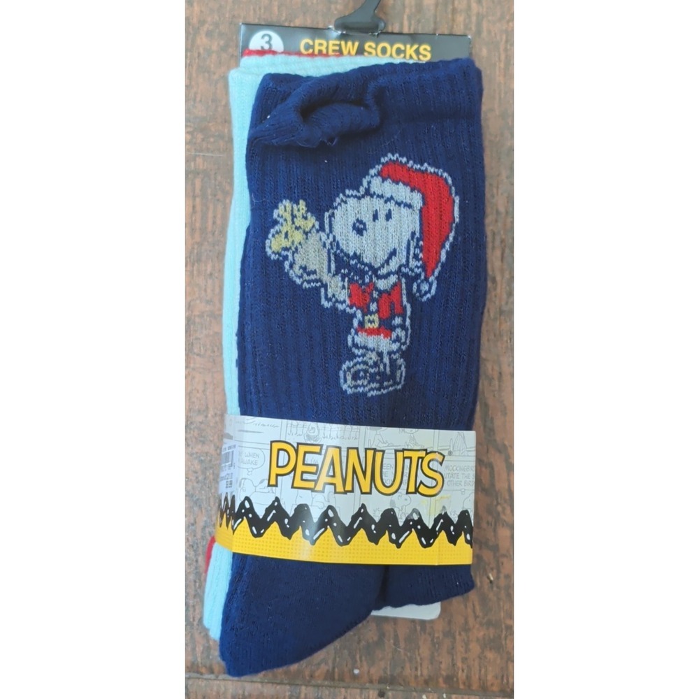 Peanuts 3 Christmas Crew Socks Snoopy Woodstock & Charlie Rust Dark & Light Blue